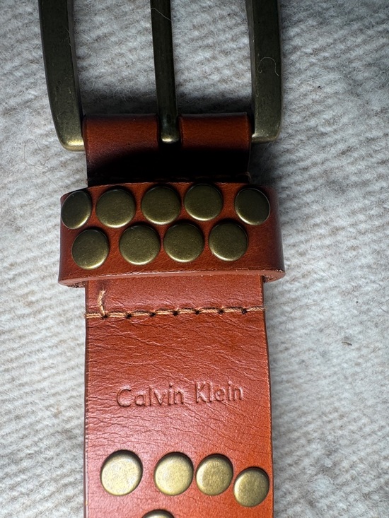 CALVIN KLEIN Brown Leather Brass Studded Belt L-XL $75 EUC KL main image 4